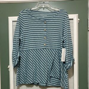 NWT Soft Surroundings Preston Stripe Roll Tab Sleeves Wrap Peplum Top Sz M